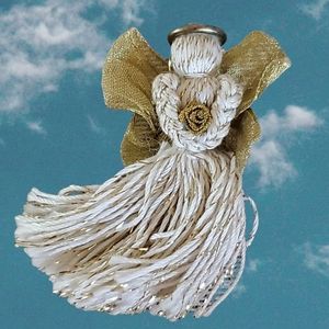 Country Home Angel Brooch White With Gold Glitter Wings & Trim